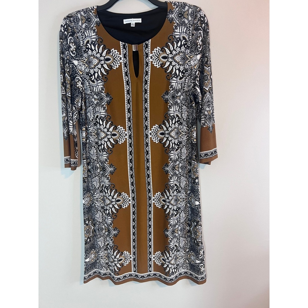 Sandra Darren Women Brown Paisley Keyhole Shift Dress 3/4 Sleeve Size L